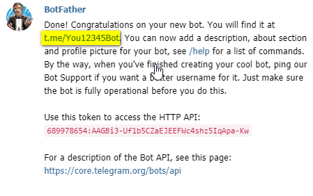 Done! Congratulations on your new bot...